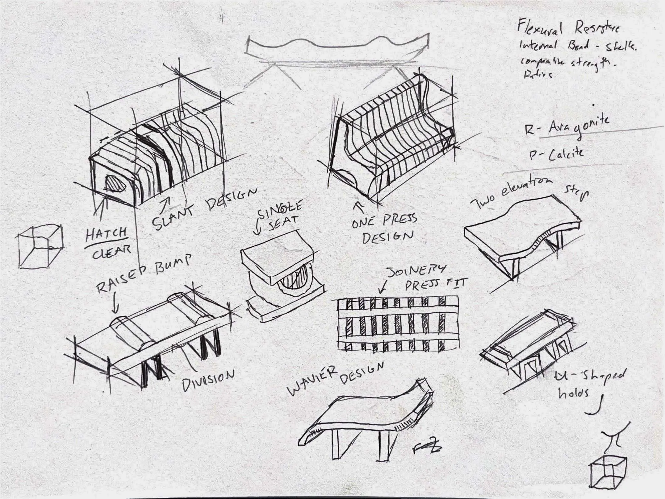 Concept sketches exploring bench forms, leg geometry and shell-composite panel joints.