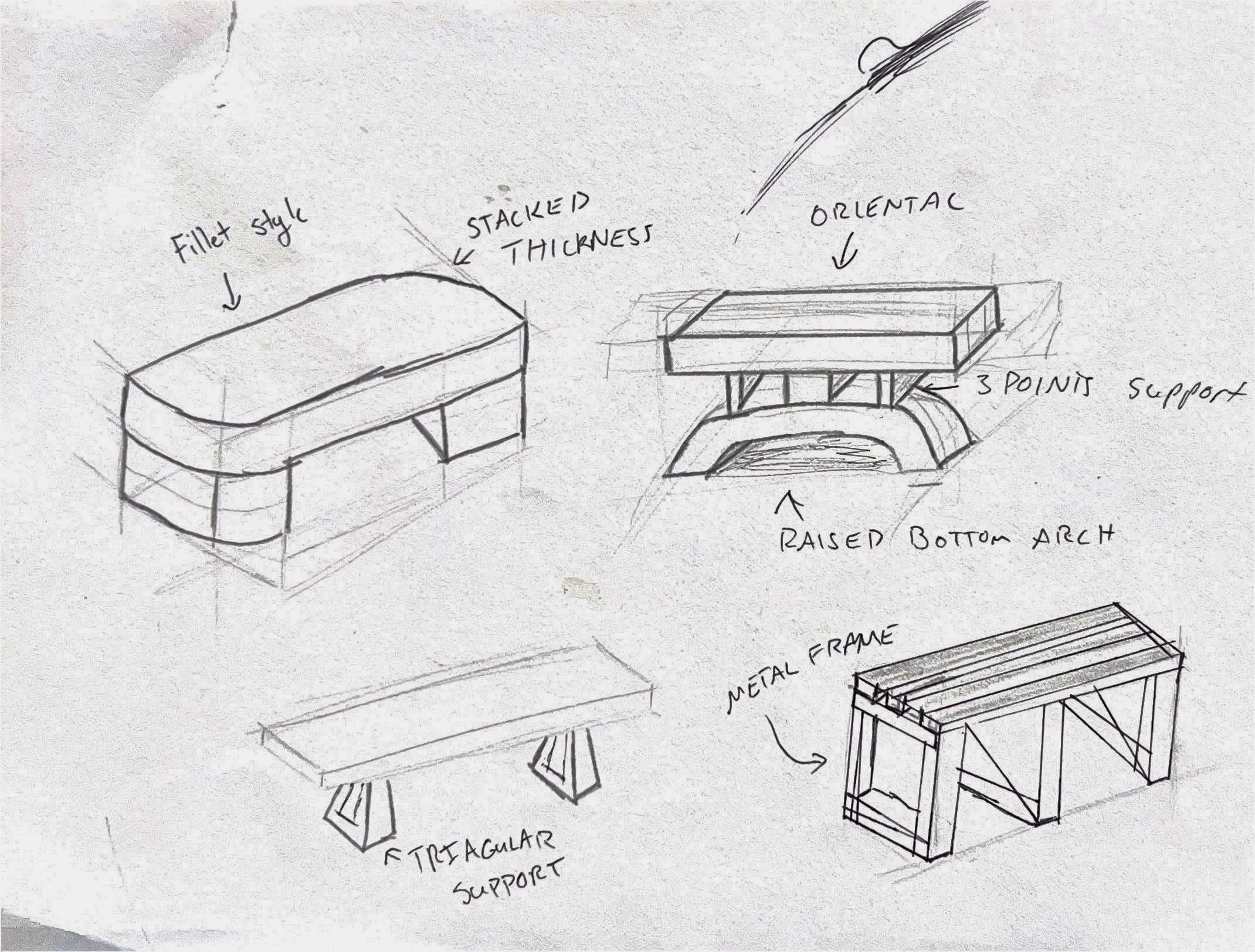 Concept sketches exploring bench forms, leg geometry and shell-composite panel joints.