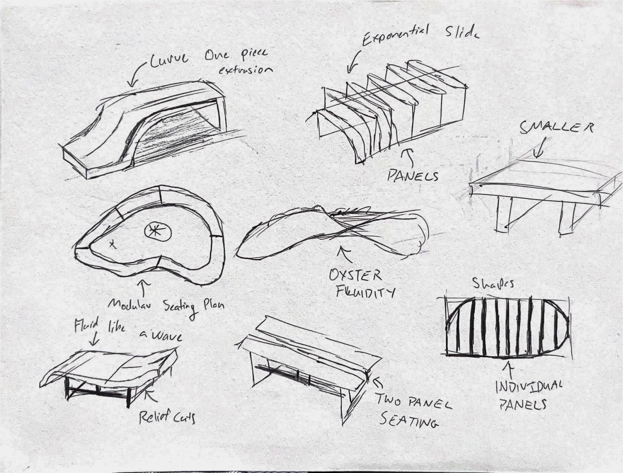 Concept sketches exploring bench forms, leg geometry and shell-composite panel joints.